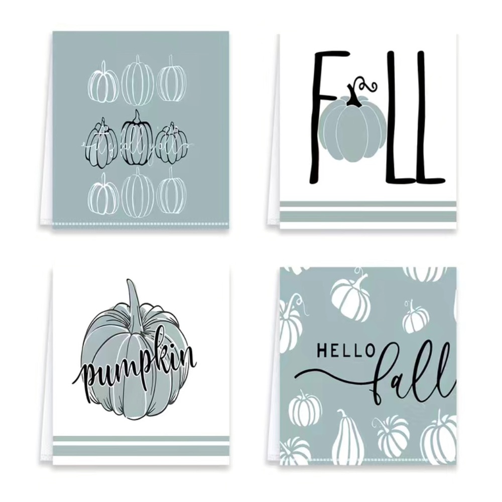 Set of 4 Fall Blue Pumpkin Kitchen Towels 23.5x16